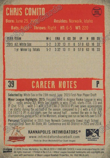  2016 Kannapolis Intimidators Chris Comito Back of Card