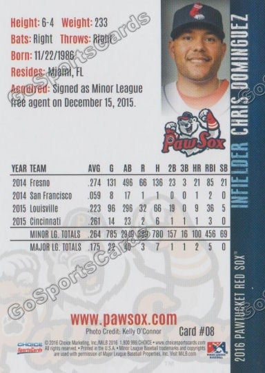 2016 Pawtucket Red Sox Chris Dominguez Back of Card