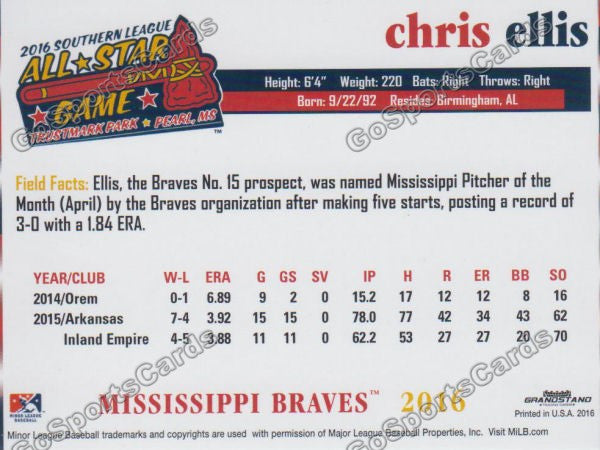 2016 Southern League All Star S Chris Ellis Back of Card
