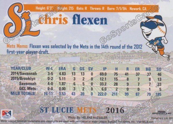 2016 St Lucie Mets Chris Flexen  Back of Card