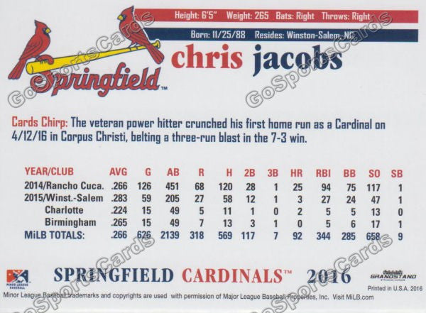 2016 Springfield Cardinals Chris Jacobs Back of Card
