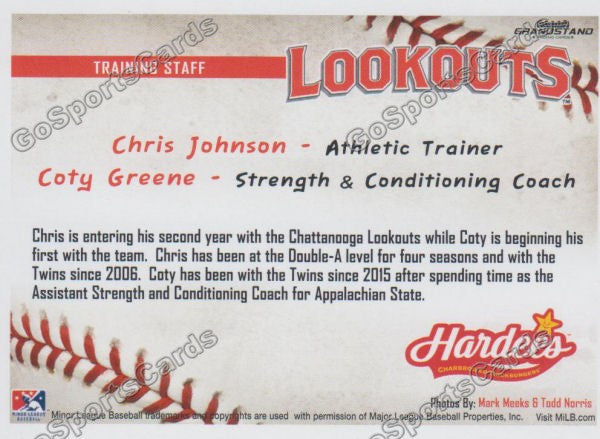 2016 Chattanooga Lookouts Chris Johnson Coty Greene  Back of Card