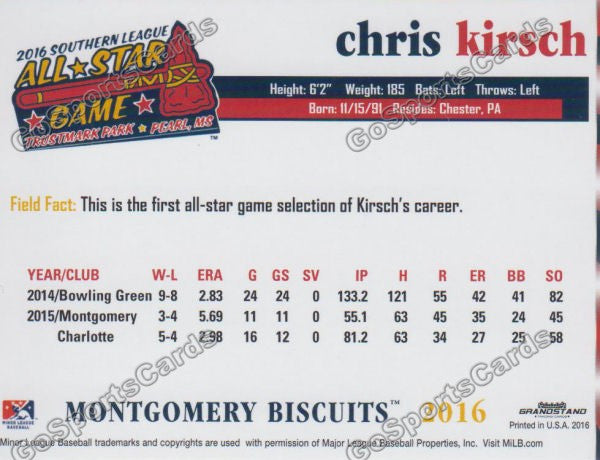 2016 Southern League All Star N Chris Kirsch Back of Card