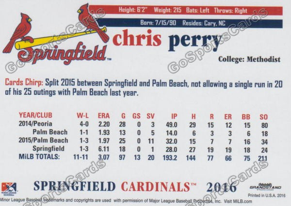 2016 Springfield Cardinals Chris Perry Back of Card