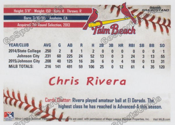 2016 Palm Beach Cardinals Chris Rivera  Back of Card