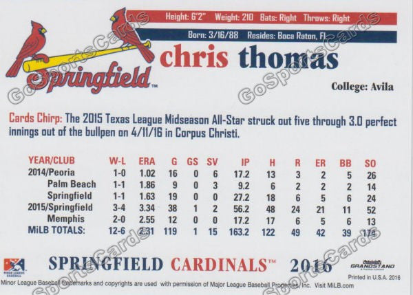 2016 Springfield Cardinals Chris Thomas Back of Card