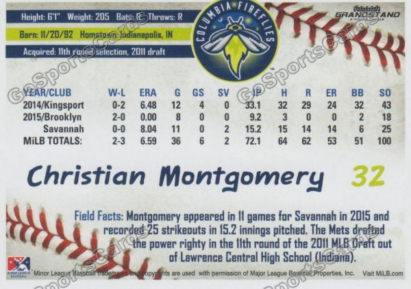 2016 Columbia Fireflies Christian Montgomery Back of Card