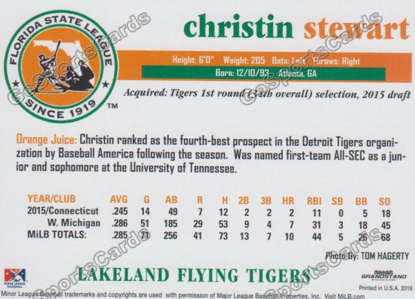 2016 Florida State League Top Prospect FSL Christin Stewart Back of Card