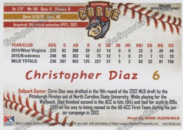 2016 Altoona Curve Chris Christopher Diaz Back of Card