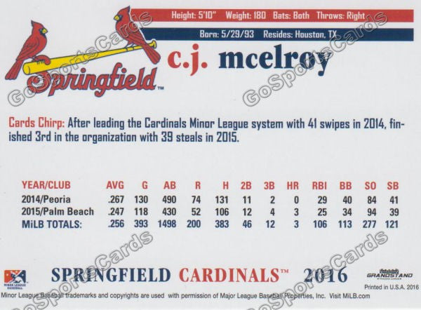 2016 Springfield Cardinals CJ McElroy Back of Card