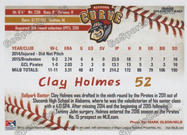 2016 Altoona Curve Clay Holmes Back of Card