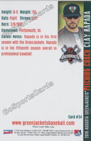 2016 Augusta Greenjackets Clay Rapada Back of Card