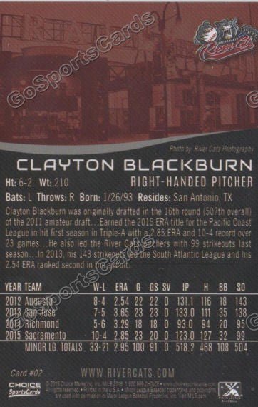 2016 Sacramento River Cats Clayton Blackburn Back of Card