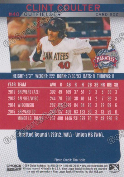 2016 Brevard County Manatees Clint Coulter Back of Card