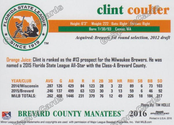 2016 Florida State League Top Prospect FSL Clint Coulter Back of Card