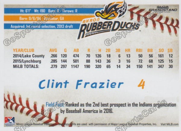 2016 Akron Aeros Clint Frazier Back of Card