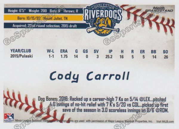 2016 Charleston RiverDogs Cody Carroll Back of Card