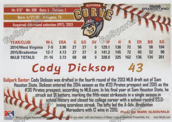 2016 Altoona Curve Cody Dickson Back of Card