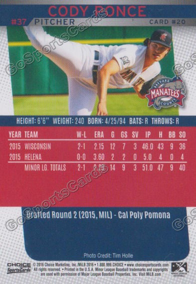 2016 Brevard County Manatees Cody Ponce Back of Card