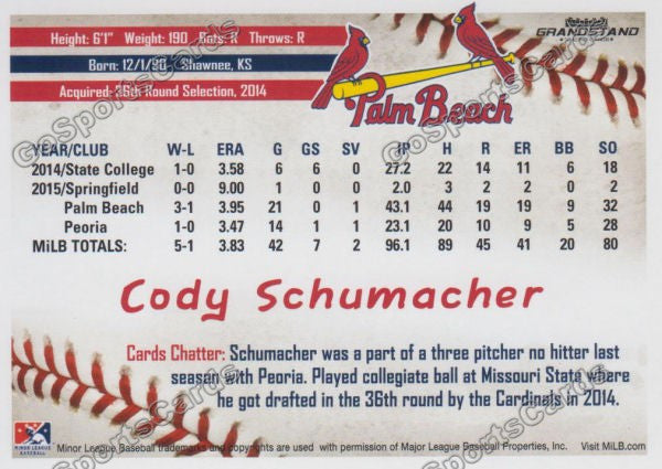 2016 Palm Beach Cardinals Cody Schumacher  Back of Card