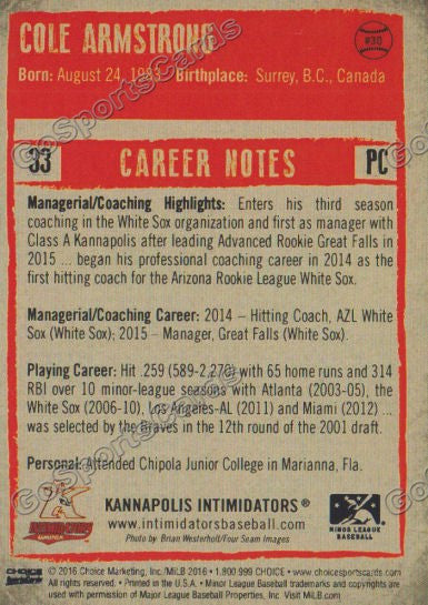  2016 Kannapolis Intimidators Cole Armstrong Back of Card