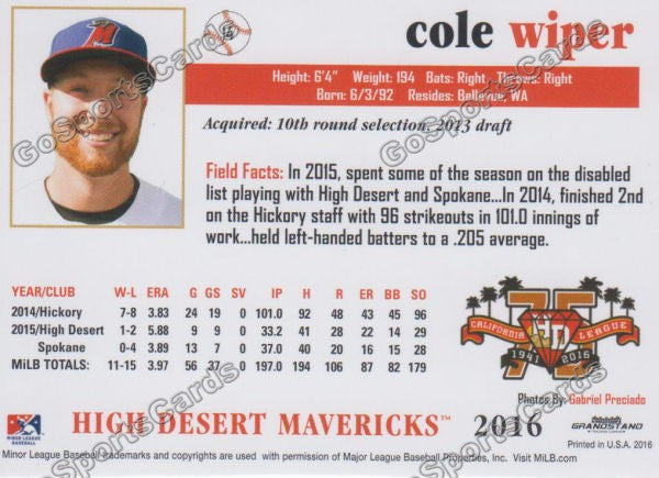 2016 High Desert Mavericks Cole Wiper Back of Card