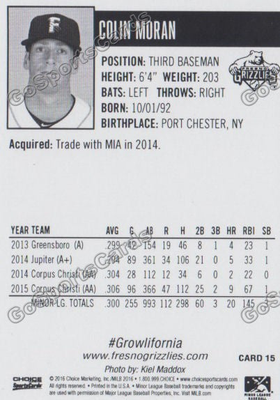 2016 Fresno Grizzlies Colin Moran Back of Card