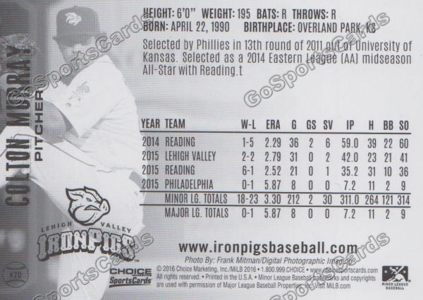 2016 Lehigh Valley IronPigs Colton Murray Back of Card