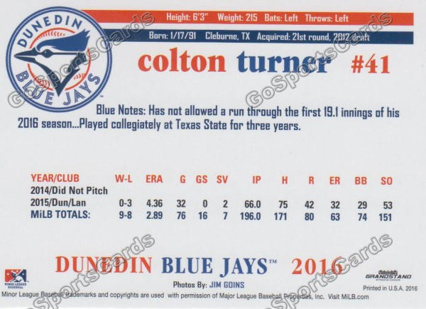 2016 Dunedin Blue Jays Colton Turner  Back of Card