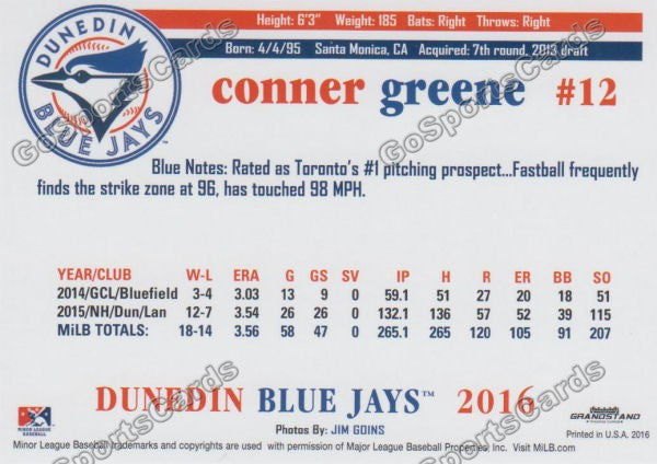 2016 Dunedin Blue Jays Conner Greene  Back of Card