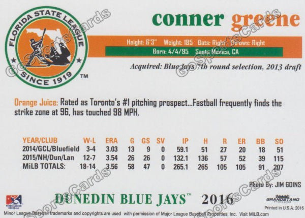 2016 Florida State League Top Prospect FSL Conner Greene Back of Card