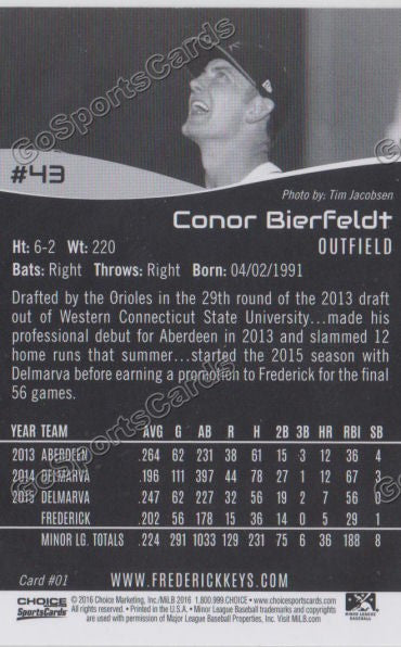 2016 Frederick Keys Conor Bierfeldt Back of Card