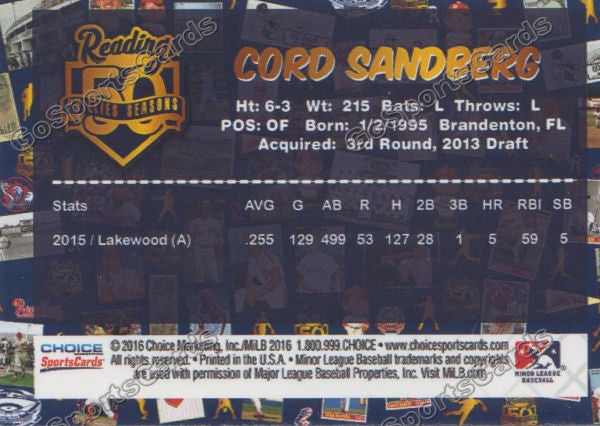 2016 Reading Fightin Phils Top Prospect 25 Cord Sandberg  Back of Card