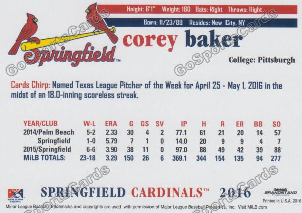 2016 Springfield Cardinals Corey Baker Back of Card