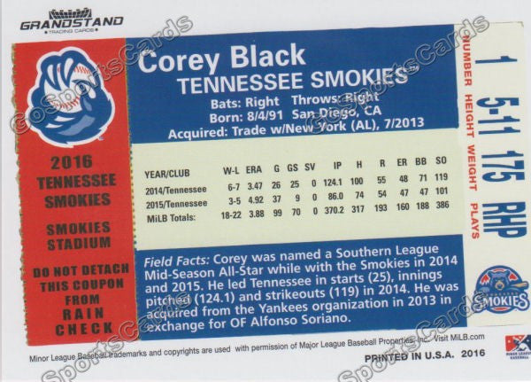 2016 Tennessee Smokies Corey Black Back of Card