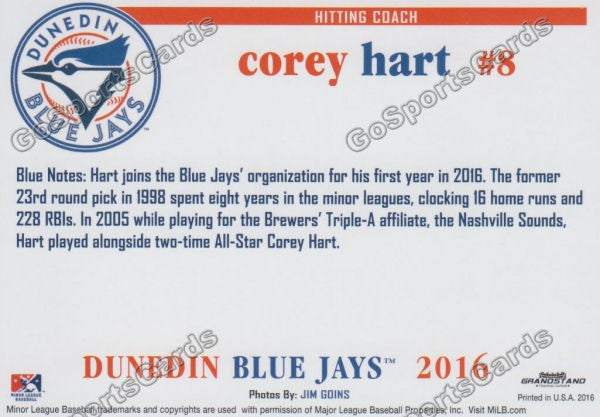 2016 Dunedin Blue Jays Corey Hart  Back of Card