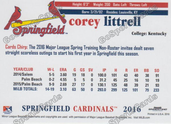 2016 Springfield Cardinals Corey Littrell Back of Card