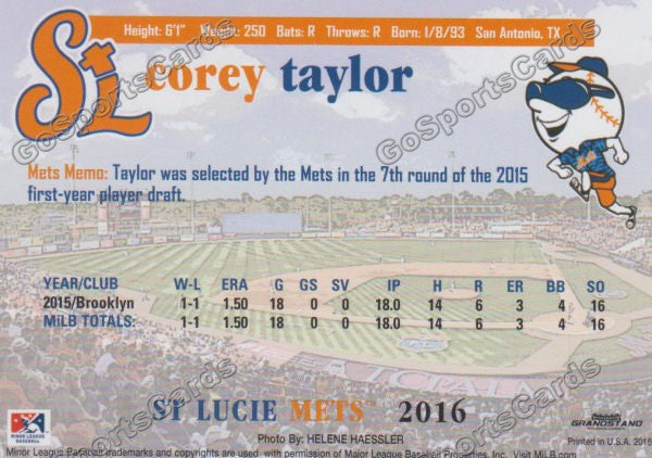 2016 St Lucie Mets Corey Taylor  Back of Card