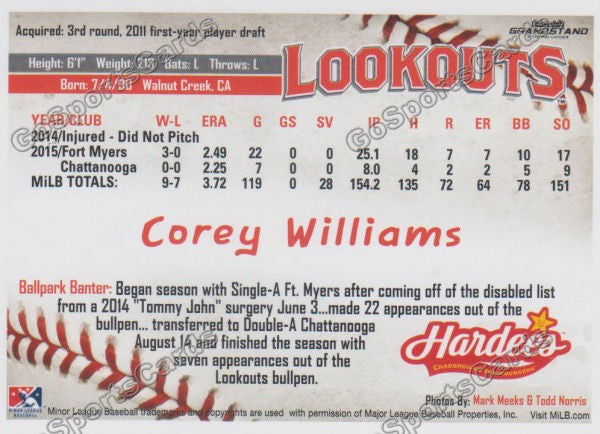2016 Chattanooga Lookouts Corey Williams  Back of Card