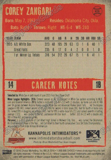  2016 Kannapolis Intimidators Corey Zangari Back of Card