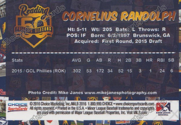 2016 Reading Fightin Phils Top Prospect 25 Cornelius Randolph  Back of Card