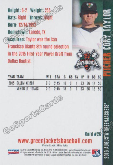 2016 Augusta Greenjackets Cory Taylor Back of Card