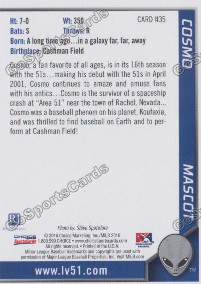 2016 Las Vegas 51s Cosmo Mascot  Back of Card