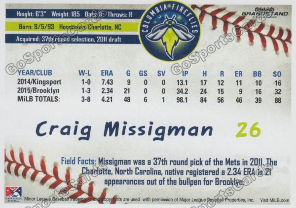 2016 Columbia Fireflies Craig Missigman Back of Card