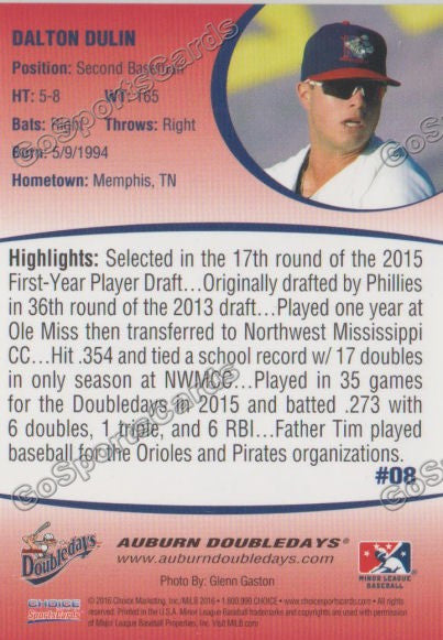 2016 Auburn Doubledays Dalton Dulin Back of Card