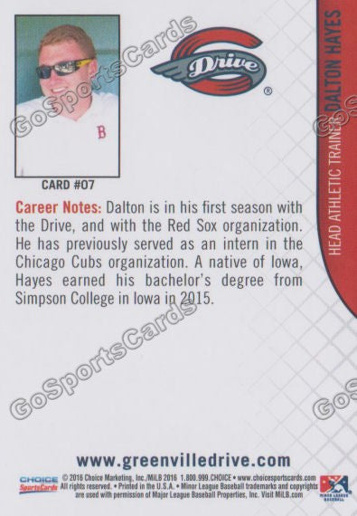 2016 Greenville Drive Dalton Hayes Back of Card