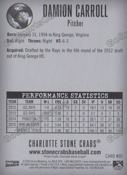 2016 Charlotte Stone Crabs Damion Carroll Back of Card