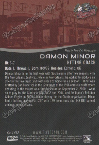2016 Sacramento River Cats Damon Minor Back of Card