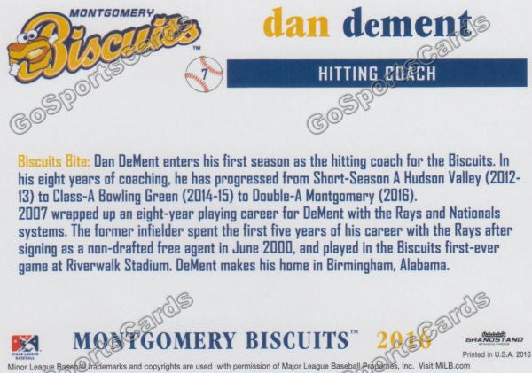 2016 Montgomery Biscuits Dan Dement  Back of Card