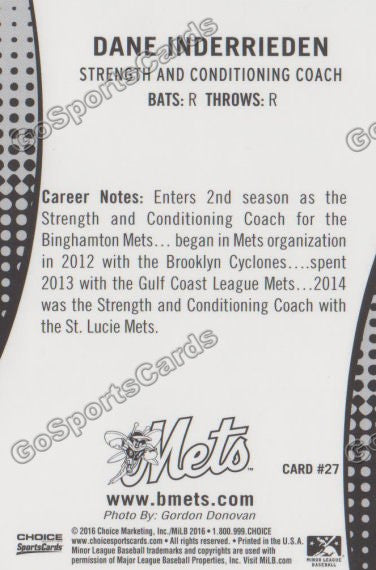 2016 Binghamton Mets Dane Inderrieden Back of Card